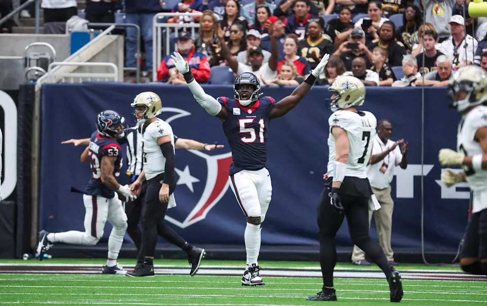 Oct 15, 2023; Houston, Texas, USA; Houston Texans defensive end Will Anderson Jr. (51) reacts after a play during the third quarter against the New Orleans Saints at NRG Stadium. Mandatory Credit: Troy Taormina-USA TODAY Sports