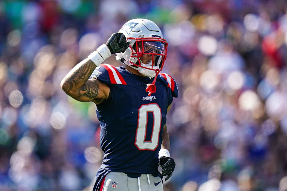 Sep 15, 2024; Foxborough, Massachusetts, USA; New England Patriots cornerback Christian Gonzalez (0) reacts after a play against the Seattle Seahawks in the second half at Gillette Stadium. Mandatory Credit: David Butler II-Imagn Images
