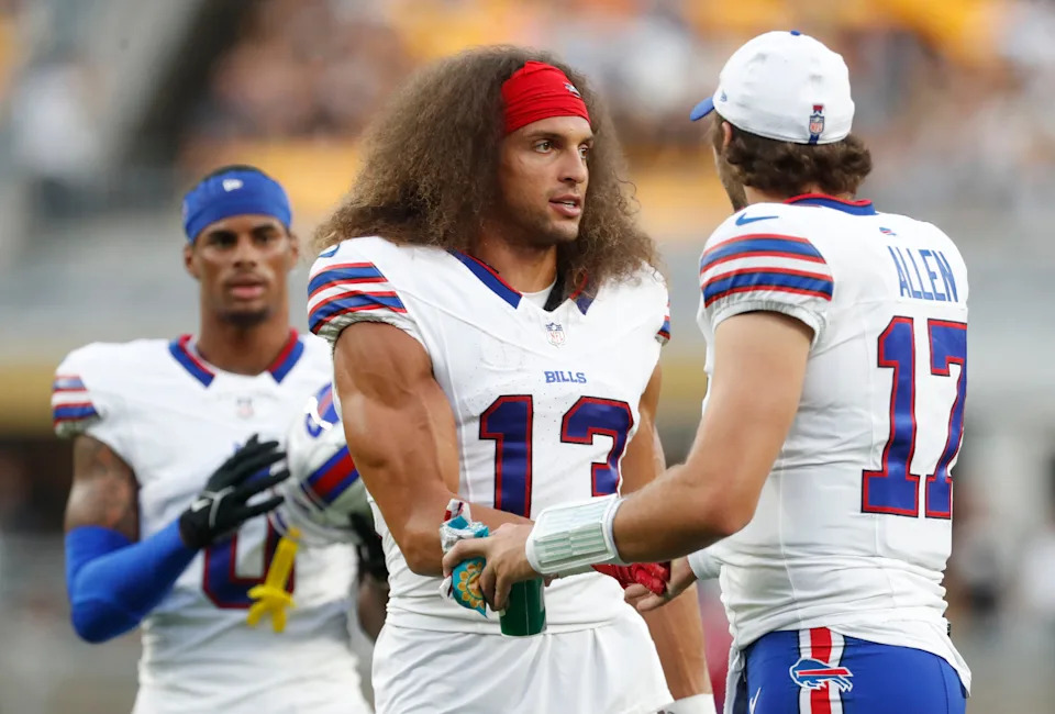 Aug 17, 2024; Pittsburgh, Pennsylvania, USA; Buffalo Bills wide receiver Mack Hollins (13) and quarterback Josh Allen (17) talk on the field against the Pittsburgh Steelers during the second quarter at Acrisure Stadium. Mandatory Credit: Charles LeClaire-USA TODAY Sports