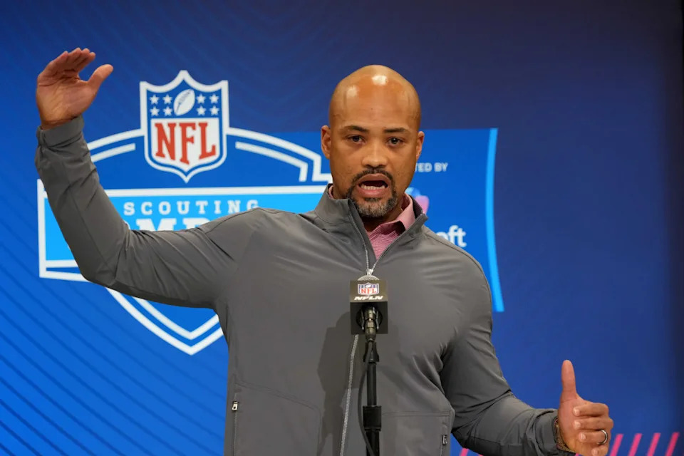 Atlanta Falcons GM Terry Fontenot speaks to the media during the NFL Scouting Combine. Kirby Lee-Imagn Images