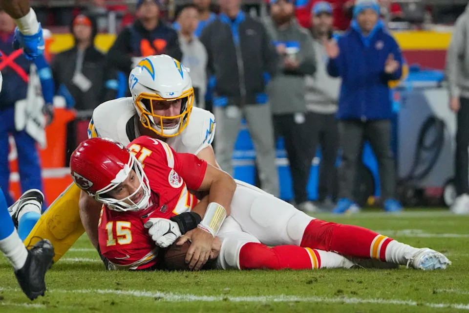 Kansas City Chiefs QB Patrick Mahomes is sacked by former Los Angeles Chargers linebacker Joey Bosa.Denny Medley-Imagn Images