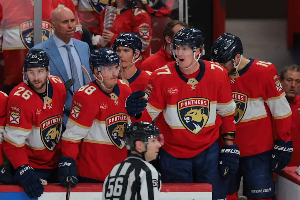 Florida Panthers defenseman Niko Mikkola (77) reacts from the bench moments after the game against the Montreal Canadiens ended on Sunday afternoon. Mikkola fired a slap shot from the Panthers' end of the ice as time expired, and the Canadiens took offense to it.Sam Navarro-Imagn Images