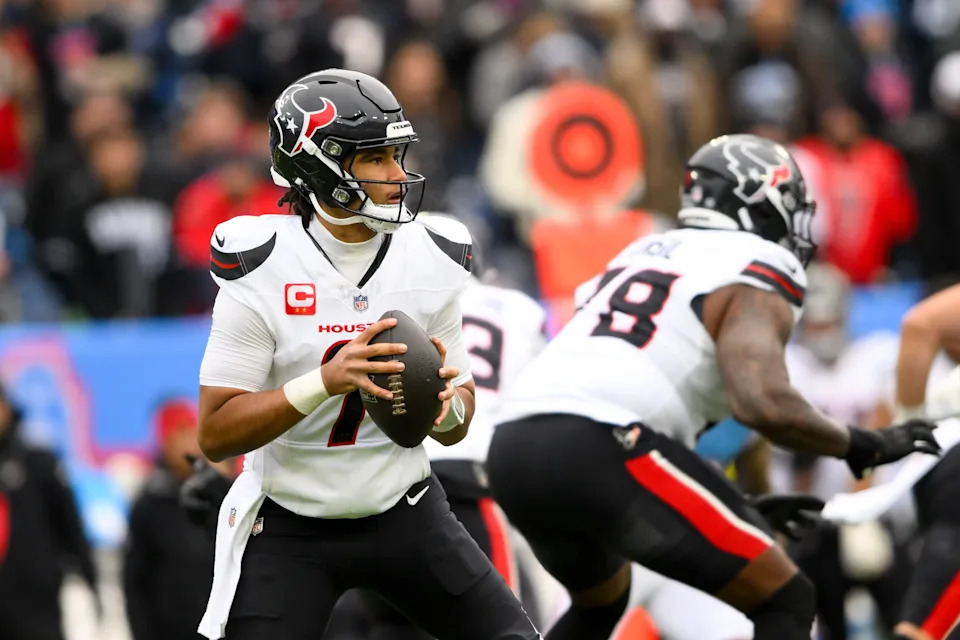 Jan 5, 2025; Nashville, Tennessee, USA; Houston Texans quarterback C.J. Stroud (7) stands in the pocket against the Tennessee Titans during the first half at Nissan Stadium. Mandatory Credit: Steve Roberts-Imagn Images