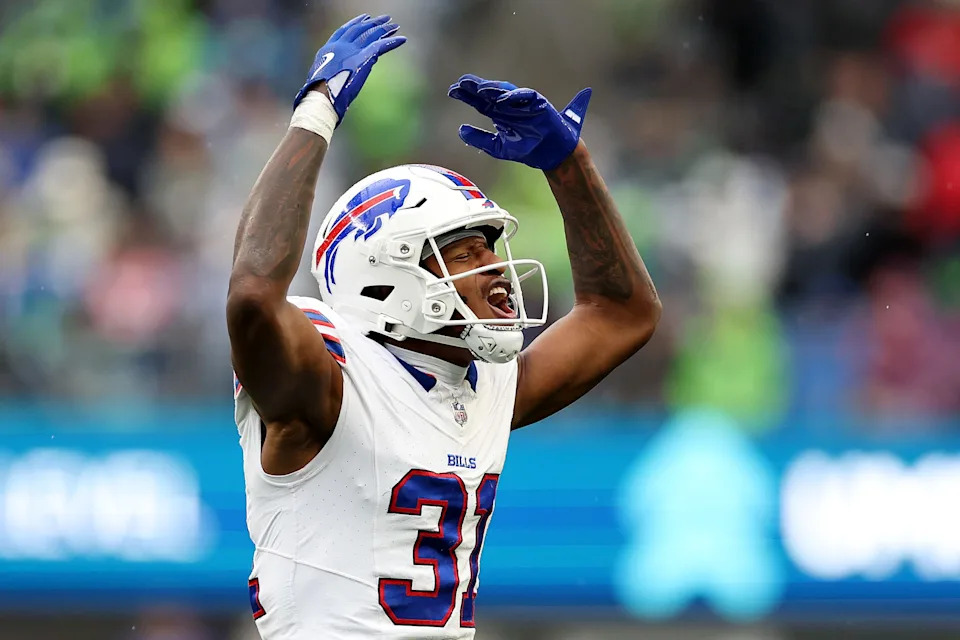 SEATTLE, WASHINGTON - OCTOBER 27: Rasul Douglas #31 of the Buffalo Bills reacts against the Seattle Seahawks at Lumen Field on October 27, 2024 in Seattle, Washington. (Photo by Steph Chambers/Getty Images)
