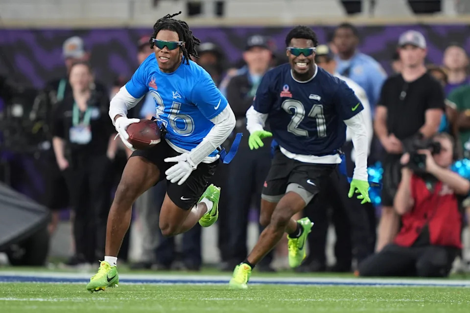Jahmyr Gibbs of the Detroit Lions runs upfield during the 2025 NFL Pro Bowl Games. (Photo by Perry Knotts/Getty Images)