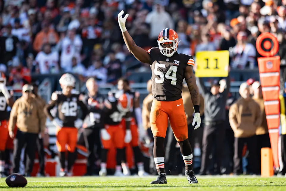 Nov 19, 2023; Cleveland, Ohio, USA; Cleveland Browns defensive end Ogbo Okoronkwo (54) raises his arm to pump up the crowd against the Pittsburgh Steelers during the third quarter at Cleveland Browns Stadium. Mandatory Credit: Scott Galvin-USA TODAY Sports