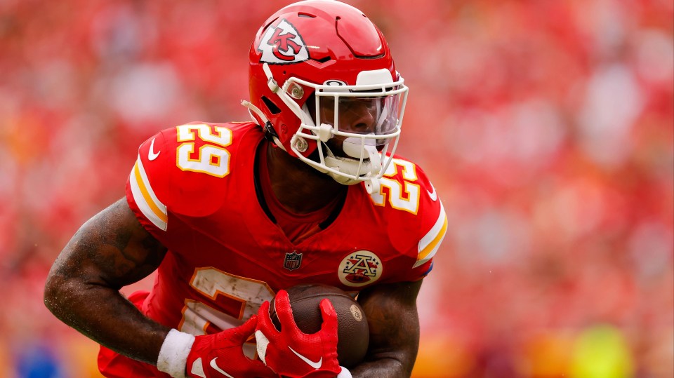 La'Mical Perine #29 of the Kansas City Chiefs running with the football.