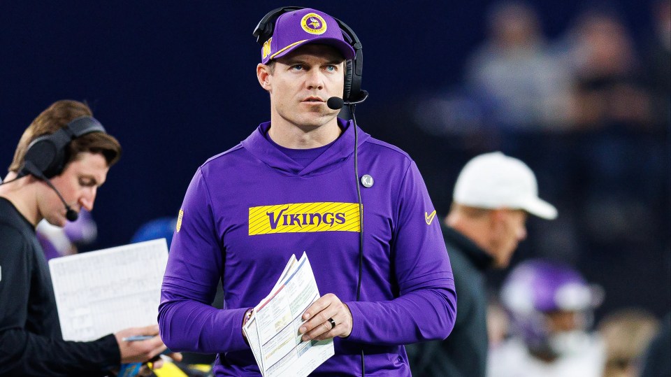 Kevin O'Connell, head coach of the Minnesota Vikings, on the sidelines during a game.