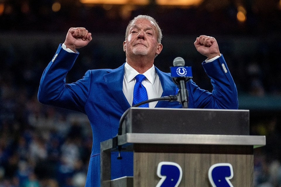 Indianapolis Colts owner Jim Irsay at a podium.