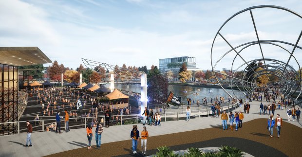 A rendering showing the view from the proposed stadium threshold of the Arlington Park entertainment district. (Hart Howerton/Chicago Bears)