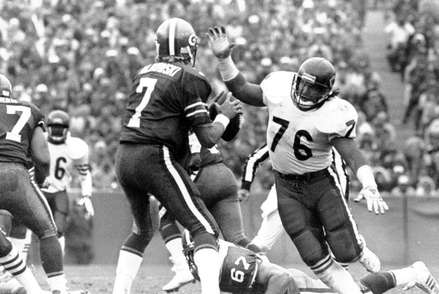 The Bears defensive tackle Steve McMichael (76) in action during...