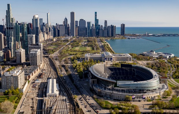 Soldier Field and the Chicago skyline on April 26, 2023....