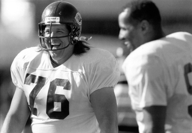 Steve McMichael laughs during Bears practice at Platteville, Wisconsin, on...