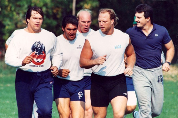 The Bears’ Steve McMichael, from left, Ron Rivera, Mark Bortz,...
