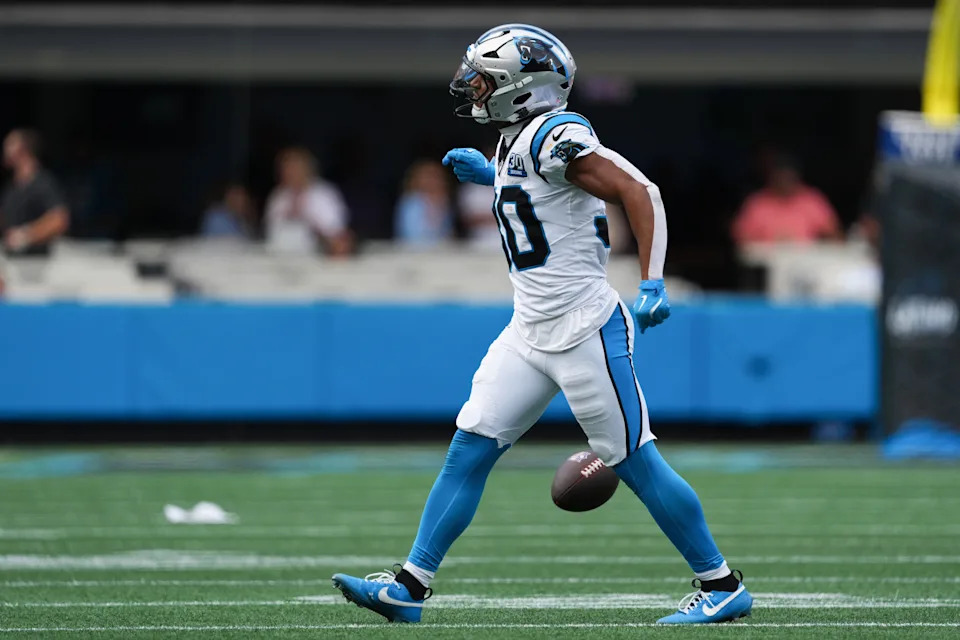 CHARLOTTE, NORTH CAROLINA - SEPTEMBER 15: Chuba Hubbard #30 of the Carolina Panthers reacts after a first down during the second quarter against the Los Angeles Chargers at Bank of America Stadium on September 15, 2024 in Charlotte, North Carolina. (Photo by Grant Halverson/Getty Images)