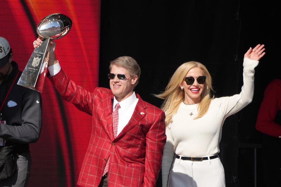 Kansas City Chiefs owner Clark Hunt and wife Tavia Hunt during the celebration of the Kansas City Chiefs winning Super Bowl LVIII.Kirby Lee-Imagn Images