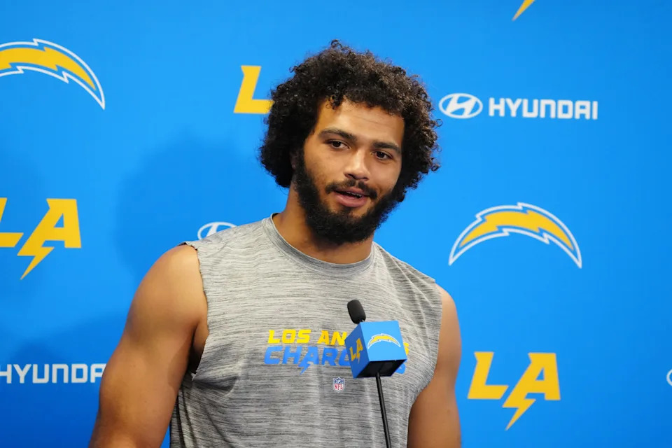 May 29, 2024; Costa Mesa, CA, USA; Los Angeles Chargers linebacker Troy Dye at press conference during organized team activities at Hoag Performance Center. Mandatory Credit: Kirby Lee-USA TODAY Sports