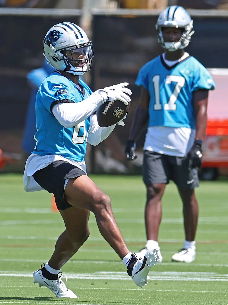 Carolina Panthers rookie wide receiver Moose Muhammad III turns upfield after catching a pass during the team’s rookie minicamp practice on Friday, May 9, 2025.