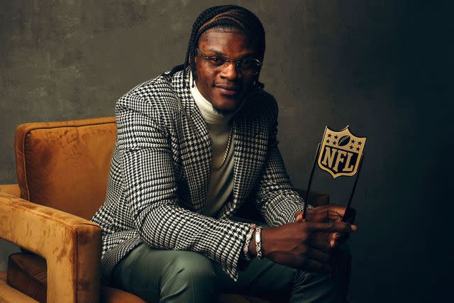 Todd Rosenberg/Getty Lamar Jackson of the Baltimore Ravens poses for a portrait after winning MVP at the 13th Annual NFL Honors on February 8, 2024.
