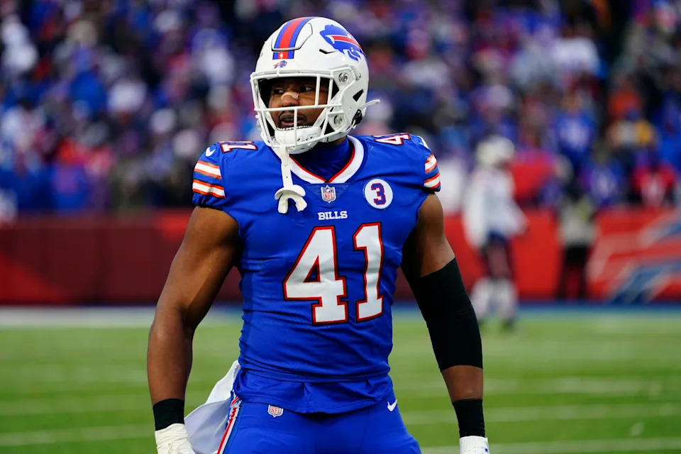 Jan 8, 2023; Orchard Park, New York, USA; Buffalo Bills full back Reggie Gilliam (41) with a number 3 on his jersey to show support for safety Damar Hamlin (3) during the second half against the New England Patriots at Highmark Stadium. Mandatory Credit: Gregory Fisher-USA TODAY Sports
