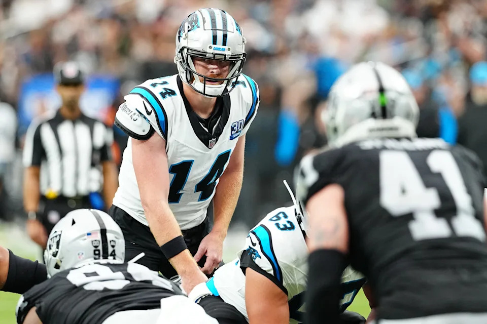 LAS VEGAS, NEVADA - SEPTEMBER 22: Andy Dalton #14 of the Carolina Panthers looks on at the line of scrimmage during the first half s Raiders at Allegiant Stadium on September 22, 2024 in Las Vegas, Nevada. (Photo by Louis Grasse/Getty Images)