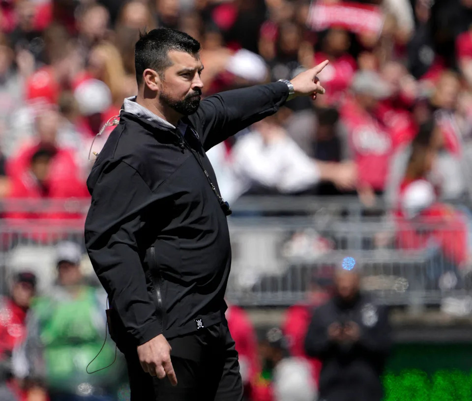 April 13, 2024; Columbus, Ohio, USA;
Ohio State head football coach Ryan Day speaks to players during the first half of the LifeSports spring football game at Ohio Stadium on Saturday.