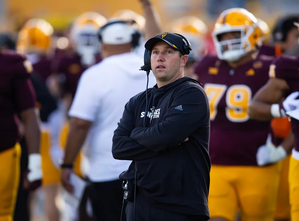 Nov 23, 2024; Tempe, Arizona, USA; Arizona State Sun Devils head coach Kenny Dillingham against the Brigham Young Cougars at Mountain America Stadium. Mandatory Credit: Mark J. Rebilas-Imagn Images