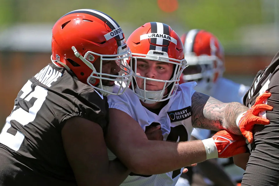 Cleveland Browns defensive tackle Mason Graham (94) tries to squeeze around center Justin Osborne during NFL rookie minicamp at the Cleveland Browns training facility on Friday, May 9, 2025, in Berea, Ohio.