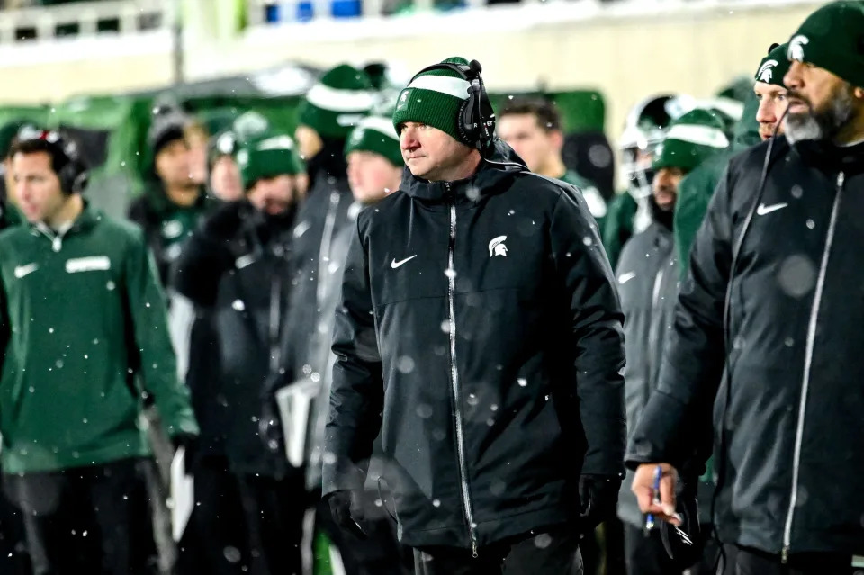 Michigan State's head coach Jonathan Smith looks on from the sideline during the third quarter in the game against Rutgers on Saturday, Nov. 30, 2024, at Spartan Stadium in East Lansing.