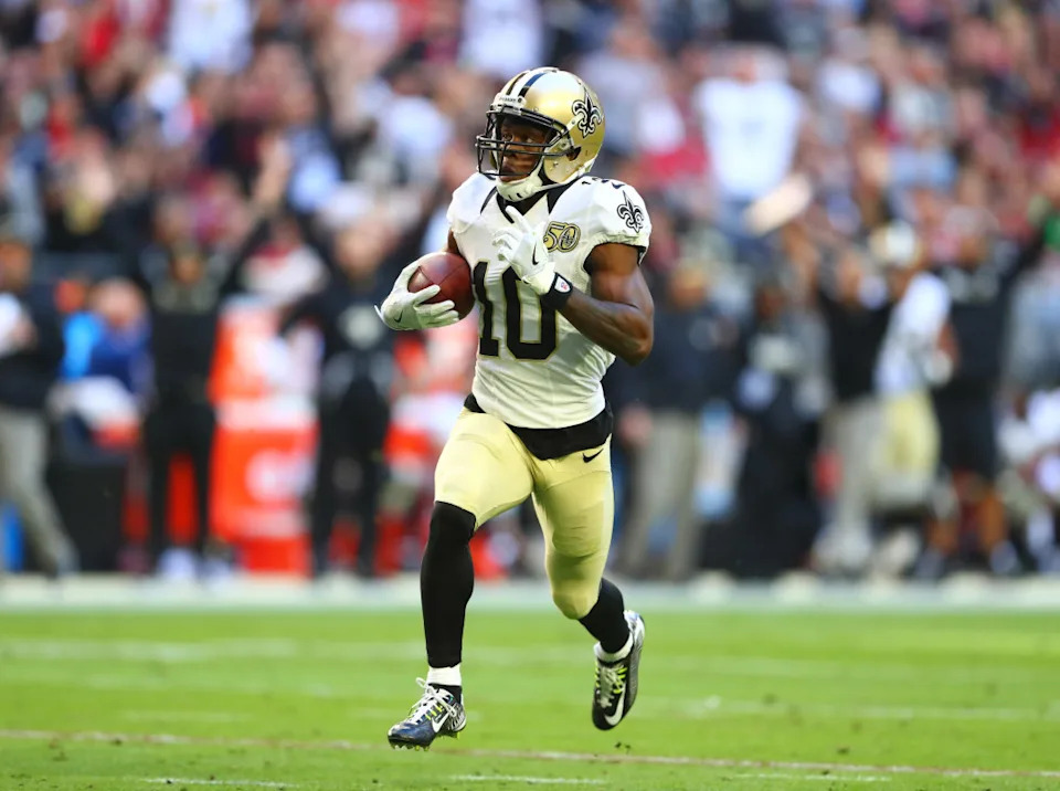 Dec 18, 2016; New Orleans Saints wide receiver Brandin Cooks (10) scores a touchdown against the Arizona Cardinals. Mandatory Credit: Mark J. Rebilas-Imagn Images