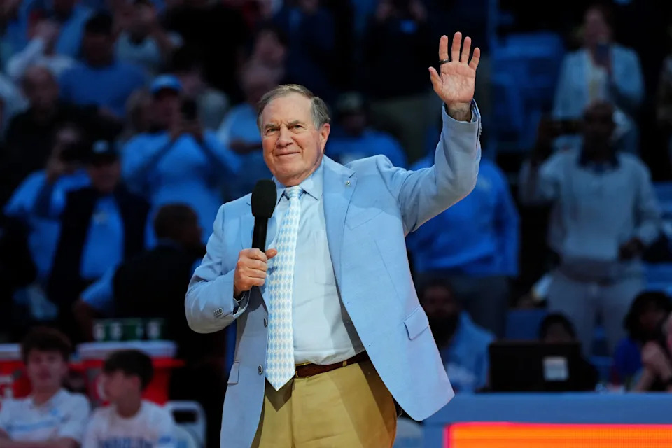 CHAPEL HILL, NORTH CAROLINA - DECEMBER 14: Head coach Bill Belichick of the North Carolina Tar Heels addresses the crowd during halftime in the game against the La Salle Explorers at the Dean E. Smith Center on December 14, 2024 in Greensboro, North Carolina. (Photo by Grant Halverson/Getty Images)Grant Halverson/Getty Images