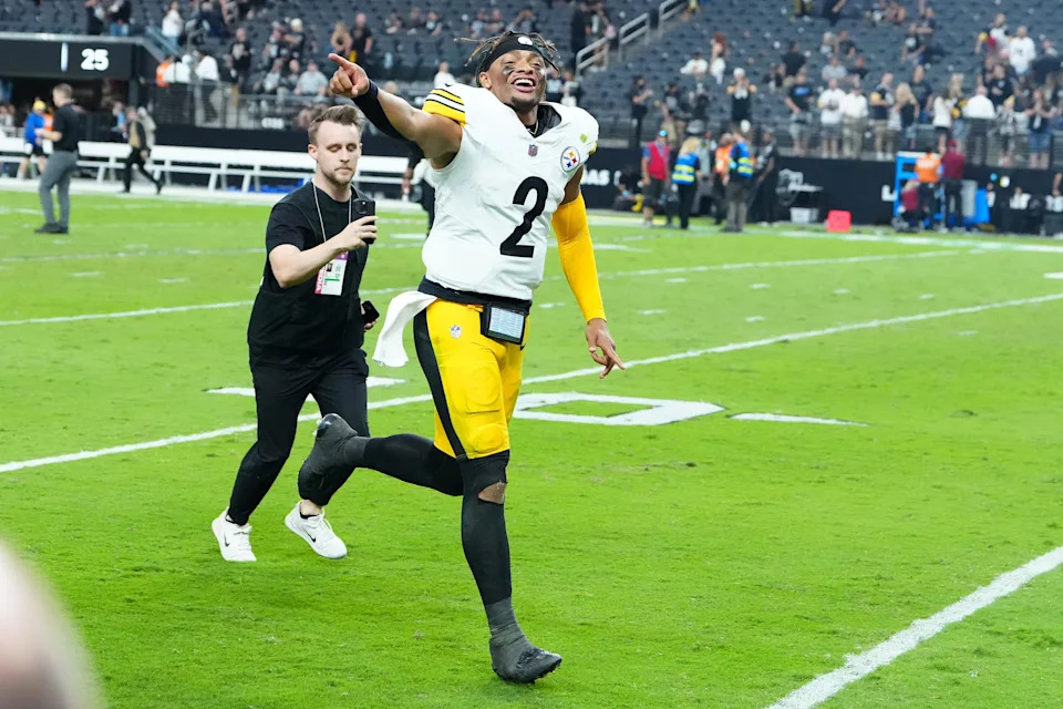 Oct 13, 2024; Paradise, Nevada, USA; Pittsburgh Steelers quarterback Justin Fields (2) runs off the field after the Steelers defeated the Las Vegas Raiders 32-13 at Allegiant Stadium. Mandatory Credit: Stephen R. Sylvanie-Imagn Images