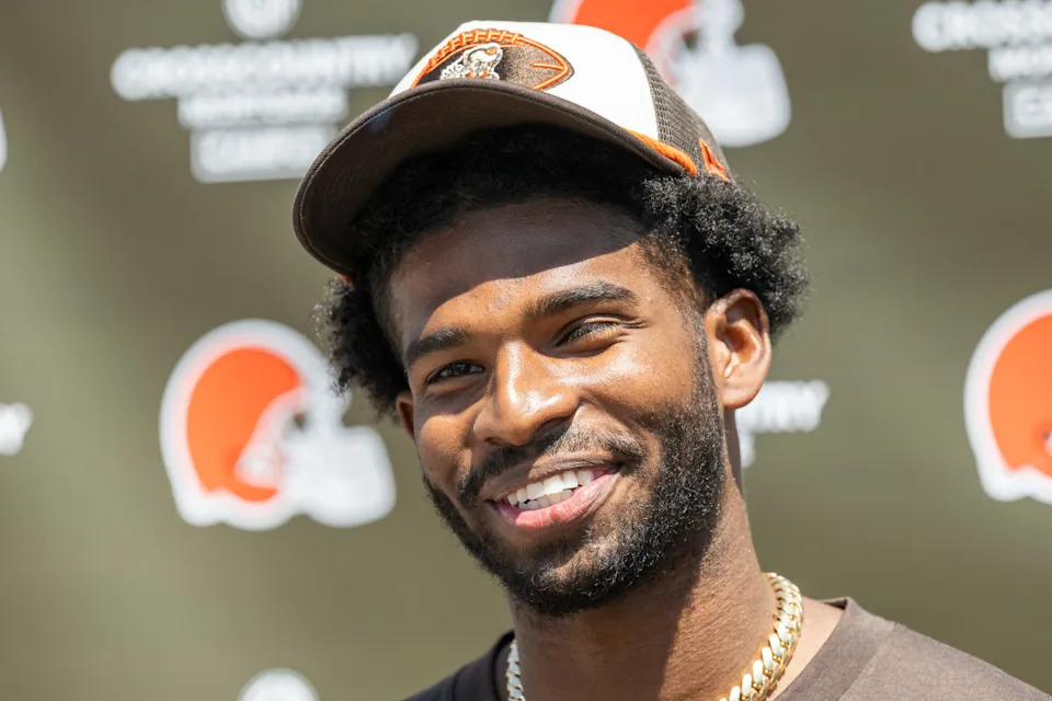 May 10, 2025; Berea, OH, USA; Cleveland Browns quarterback Shedeur Sanders (12) talks to the media during rookie minicamp at CrossCountry Mortgage Campus. Mandatory Credit: Ken Blaze-Imagn Images.Ken Blaze-Imagn Images&period;
