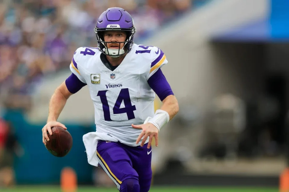 Minnesota Vikings quarterback Sam Darnold (14) during a game Sunday, Nov. 10, 2024 at Everbank Stadium in Jacksonville, Fla. The Vikings defeated the Jaguars 12-7. [Corey Perrine/Florida Times-Union]