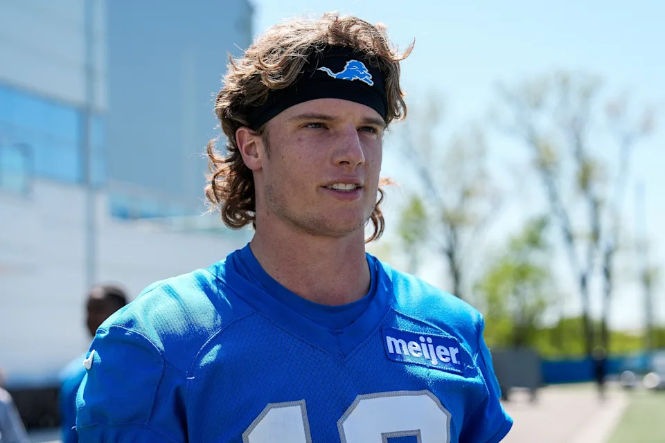 Detroit Lions wide receiver Isaac TeSlaa speaks after practice during rookie minicamp at Meijer Performance Center in Allen Park on Friday, May 9, 2025.