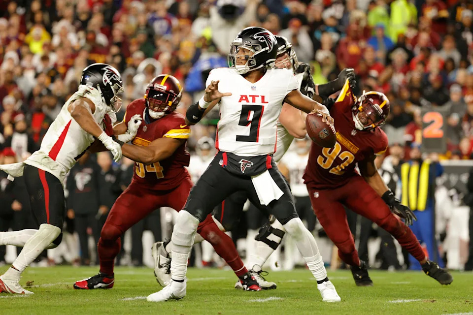 Dec 29, 2024; Landover, Maryland, USA; Atlanta Falcons quarterback Michael Penix Jr. (9) throws the ball against the Washington Commanders during the second half against the Atlanta Falcons at Northwest Stadium. Mandatory Credit: Amber Searls-Imagn Images