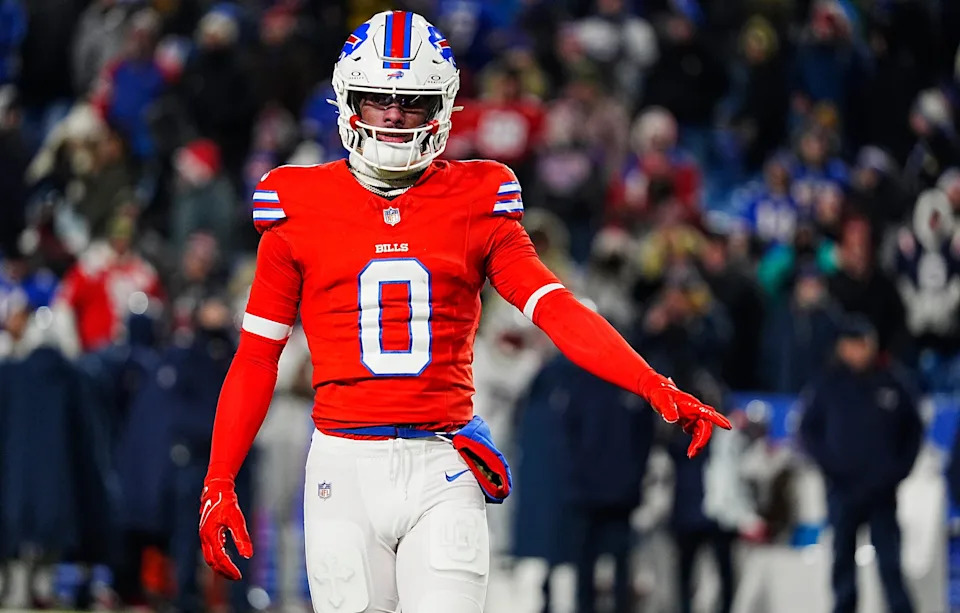 Buffalo Bills wide receiver Keon Coleman (0) looks at a an official and points at a spot before lining up on the line of scrimmage during second half action at Highmark Stadium where the Buffalo Bills hosted the New England Patriots in Orchard Park on Dec. 22, 2024.