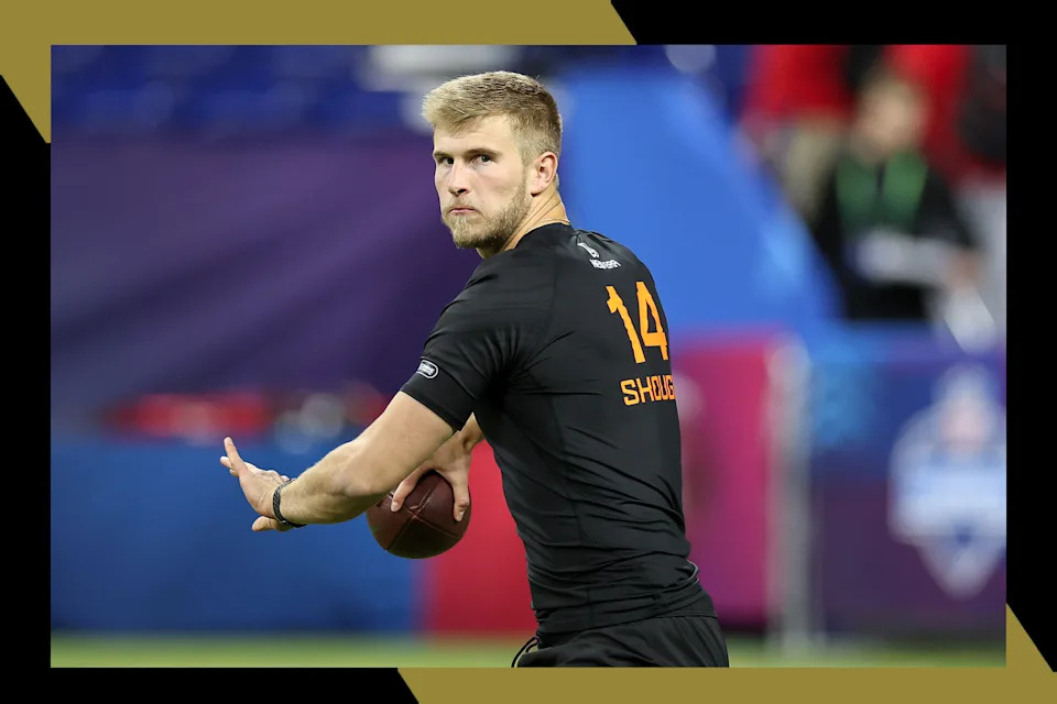 New Orleans Saints quarterback Tyler Shough readies to throw a pass at the NFL Scouting Combine.