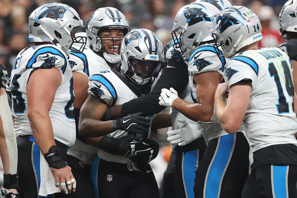 LAS VEGAS, NEVADA - SEPTEMBER 22: Miles Sanders #6 of the Carolina Panthers celebrates a rushing touchdown against the Las Vegas Raiders at Allegiant Stadium on September 22, 2024 in Las Vegas, Nevada. (Photo by Ian Maule/Getty Images)