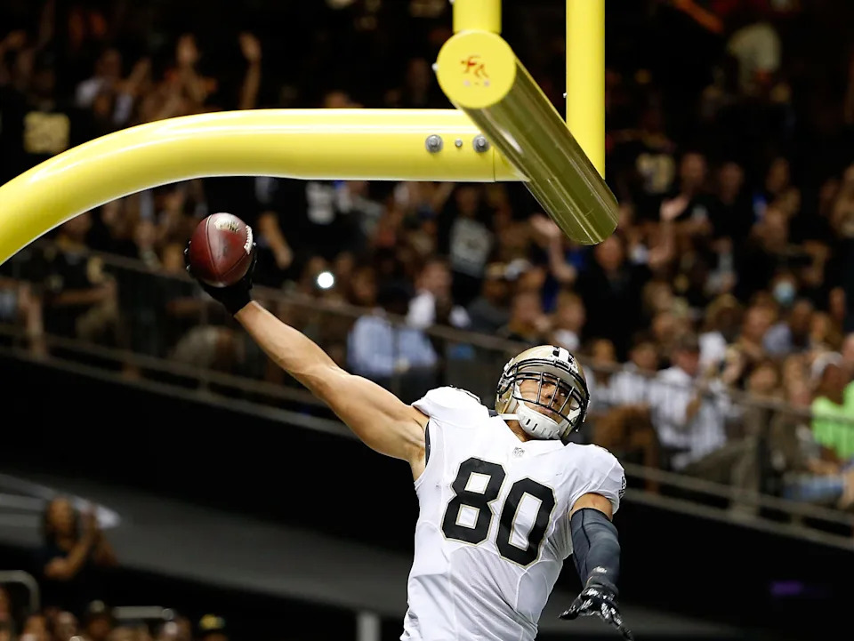 NEW ORLEANS, LA - AUGUST 15: Jimmy Graham #80 of the New Orleans Saints celebrates a touchdown during a preseason game against the Tennessee Titans at the Mercedes-Benz Superdome on August 15, 2014 in New Orleans, Louisiana. (Photo by Stacy Revere/Getty Images)