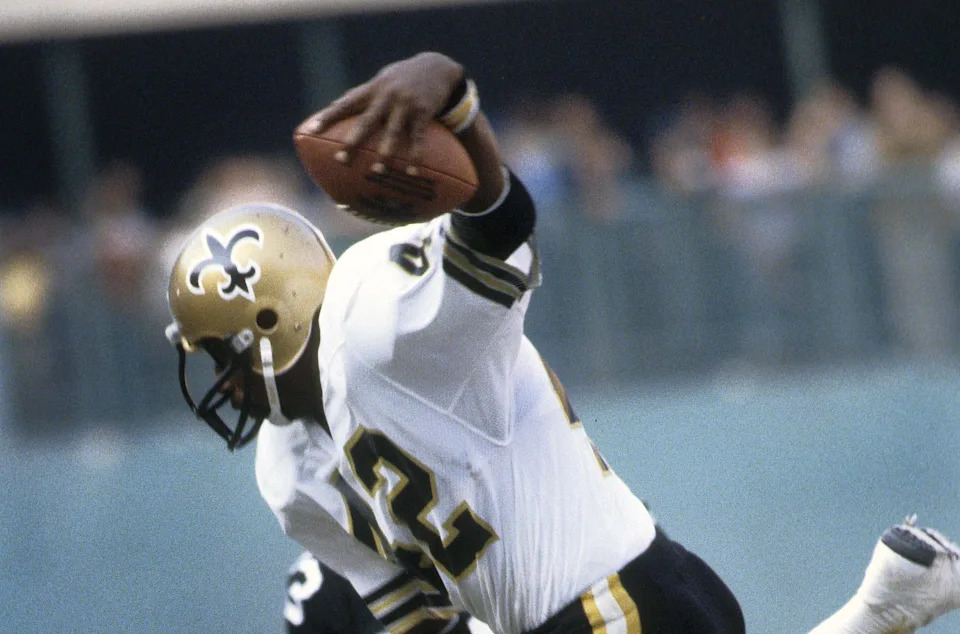 Nov 5, 1978; Pittsburgh, PA, USA; FILE PHOTO; New Orleans Saints running back Chuck Muncie (42) leaps past Pittsburgh Steelers defensive back Donnie Shell (31) at Three Rivers Stadium. Mandatory Credit: Malcolm Emmons-USA TODAY Sports