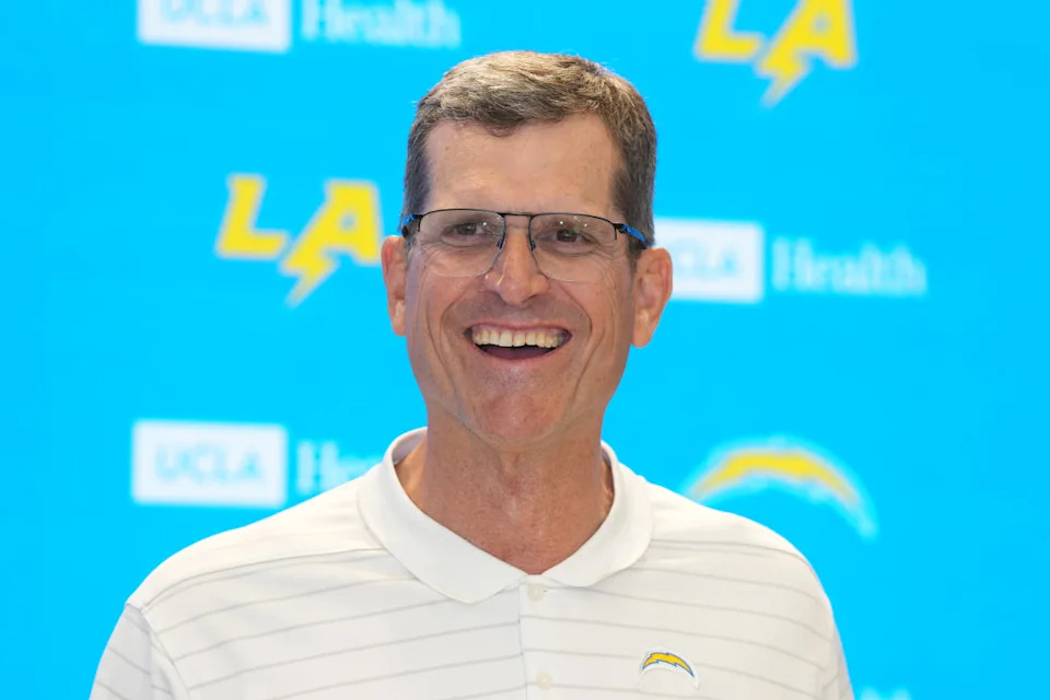 May 7, 2025; El Segundo CA, USA; Los Angeles Chargers coach Jim Harbaugh during press conference at The Bolt. Mandatory Credit: Kirby Lee-Imagn Images© Kirby Lee-Imagn Images