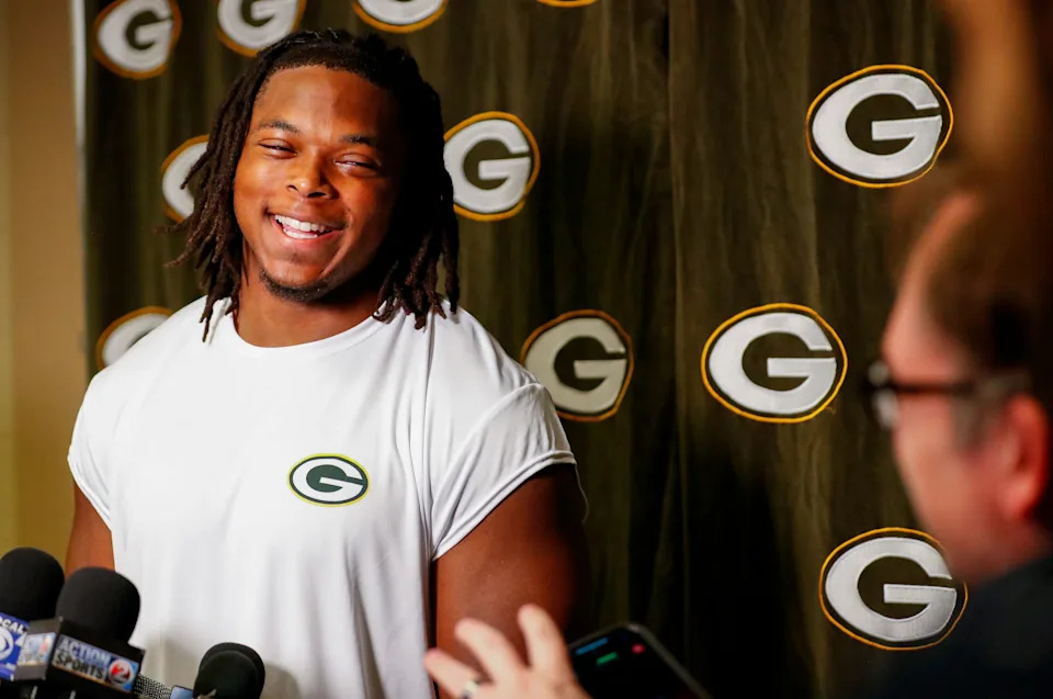 Green Bay Packers rookie edge rusher Barryn Sorrell laughs while being interviewed by the media during rookie minicamp on Friday, May 2, 2025, at Lambeau Field in Green Bay, Wisconsin. The Packers selected Sorrell with their fourth round pick in the 2025 NFL Draft.