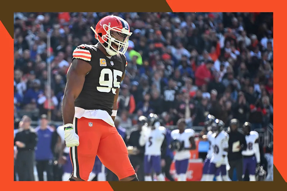 Cleveland Browns star Myles Garrett celebrates after a big play.