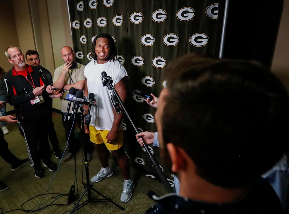 New Green Bay Packers edge rusher Barryn Sorrell is interviewed by the local media during a rookie minicamp on May 2 at Lambeau Field in Green Bay, Wisc. The former Texas Longhorn was drafted in the fourth round the week before.
