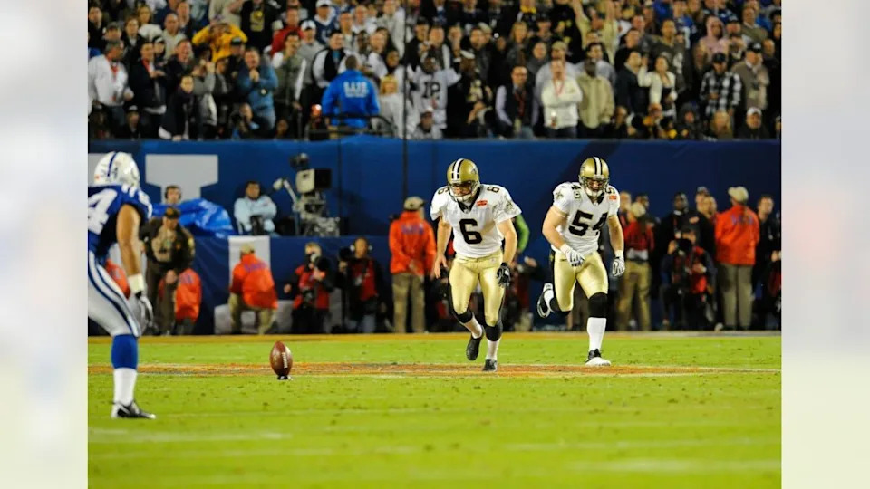 New Orleans Saints punter Thomas Morstead (6) kicks off against the Indianapolis Colts during Super Bowl XLIV. Credit: neworleanssaints.com 