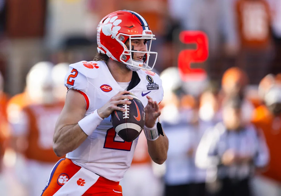 Dec 21, 2024; Austin, Texas, USA; Clemson Tigers quarterback Cade Klubnik (2) against the Texas Longhorns during the CFP National playoff first round at Darrell K Royal-Texas Memorial Stadium. Mandatory Credit: Mark J. Rebilas-Imagn Images