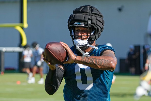 Jacksonville Jaguars wide receiver Gabe Davis was released by the team Wednesday, 1 year after signing a 3-year, $39 million contract. (AP Photo/John Raoux)