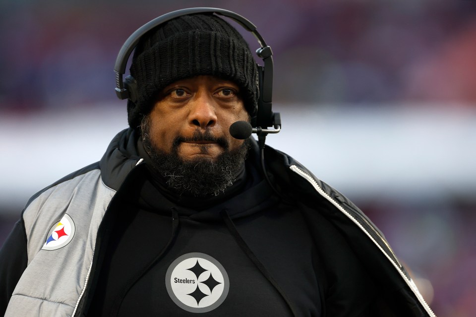 ORCHARD PARK, NEW YORK - JANUARY 15: Head coach Mike Tomlin of the Pittsburgh Steelers looks on during the first quarter against the Buffalo Bills at Highmark Stadium on January 15, 2024 in Orchard Park, New York. (Photo by Sarah Stier/Getty Images)
