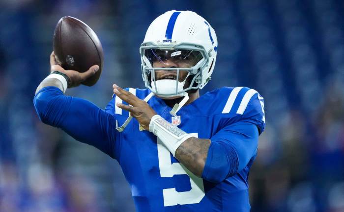 Indianapolis Colts quarterback Anthony Richardson (5) throws the ball during pregame warm-up Sunday, Nov. 10, 2024, ahead of a game against the Buffalo Bills at Lucas Oil Stadium in Indianapolis.